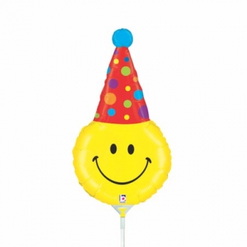 Mini-Folienballon "Smily mit Partyhut" (luftgefüllt)