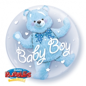 Doppel-Bubble-Ballon "Baby Boy mit Teddy" (heliumgefüllt)