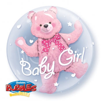 Doppel-Bubble-Ballon "Baby Girl mit Teddy" (heliumgefüllt)