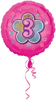 Folienballon  "3", Pink mit Glitzereffekt (heliumgefüllt)