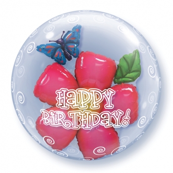 Doppel-Bubble-Ballon "Happy Birthday Blume" (heliumgefüllt)