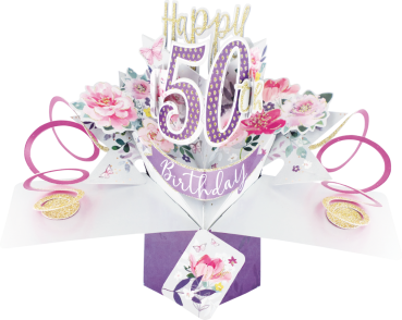 3D-Popup Karte, 50. Geburtstag lila-rosa-gold